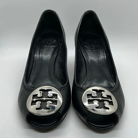 Tory Burch Sexy Black Leather Peep Toe Wedge Heels Shoes **Size 6.5** 🔥🔥 - Picture 2 of 10